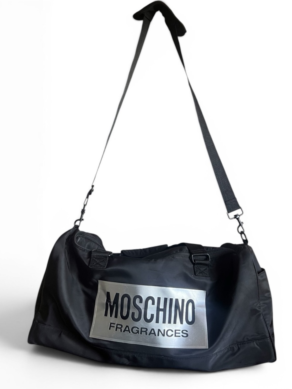 Moschino Fragrances Black Nylon Duffle Bag Large Logo Travel Gym Shoulder Strap